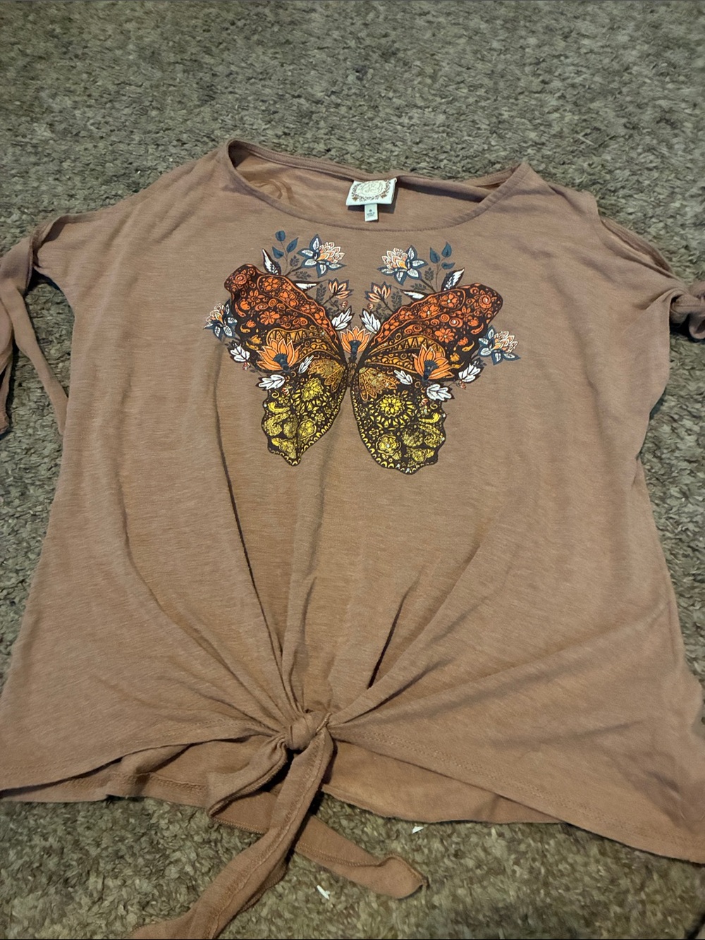 Taupe Tie-Front Butterfly Graphic Tee